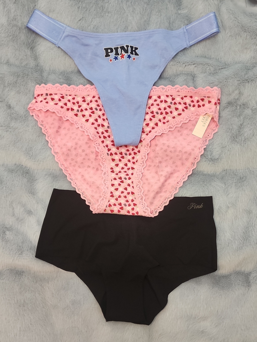PINK Victoria's Secret NWT Blue Thong, Pink & Black Seamless Panties 3 pc Size S